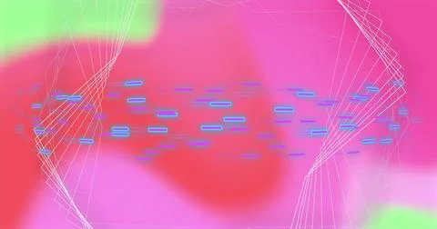 Image of blue and pink data stream over 3d network structure on soft pink and Stock Illustration