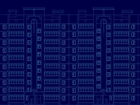 The image is a blue and white drawing of a cityscape with tall buildings. The Stock Illustration