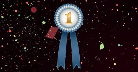 Image of blue and white rosette with number 1 and falling confetti on black Stock Illustration