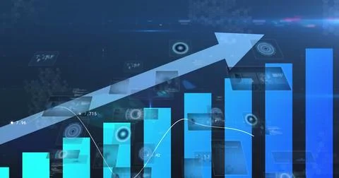 Image of blue arrow, graph with data processing and scope scanning over blue Foto stock