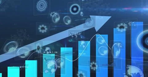Image of blue arrow pointing up, scopes scanning and data processing on screens Stock Photos