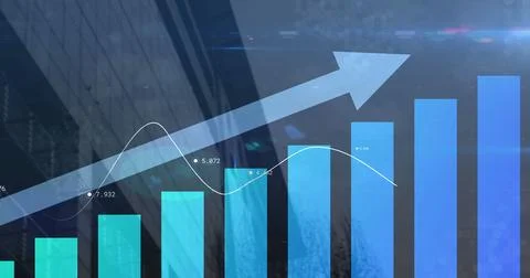 Image of blue arrow with statistics processing over cityscape Ilustración de archivo