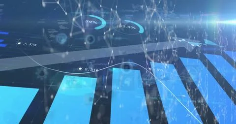 Image of blue arrows, graph with data processing and scope scanning over blue Foto stock