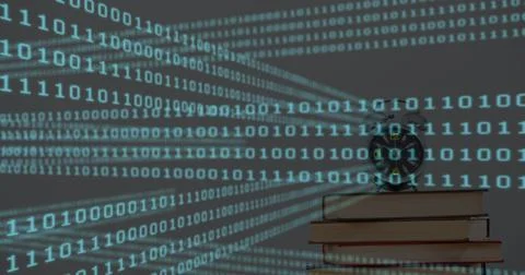 Image of blue binary codes moving over alarm clock on books against white b.. Stock Photos