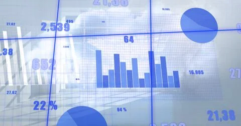 Image of blue charts and processing data over sunny room and cloudy sky 写真素材