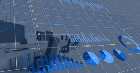 Image of blue charts processing data over computers on desks at empty office Stock Photos