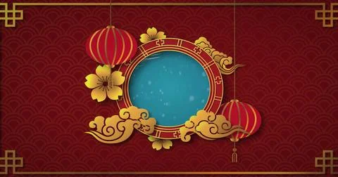 Image of blue circle with copy space over chinese pattern on red background Stock Illustration