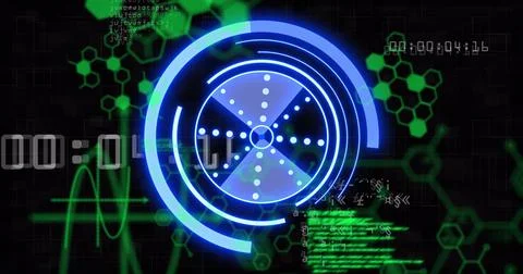 Image of blue circle with data and hexagons on black background Illustrazione stock