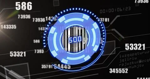 Image of blue circle with numbers over numbers on black background Stock Photos