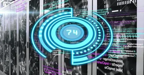 Image of blue circle with numbers over servers Stock Photos