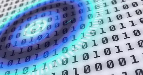 Image of blue circular scanner and binary data processing on white background Stockillustratie
