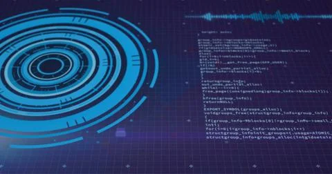 Image of blue circular scanner and processing data on dark background Illustrazione stock