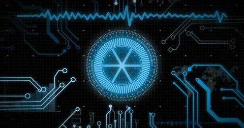 Image of blue circular scanner and motherboard processing data on black Stock Photos