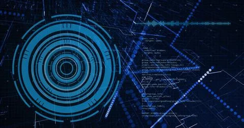 Image of blue circular scanner and processing data on interface with black Foto stock