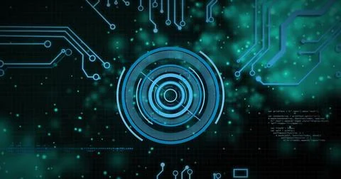 Image of blue circular scanner over motherboard and blue particles on black 库存照片