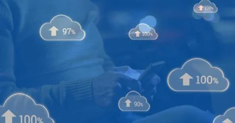 Image of blue clouds with arrows pointing up and percent increasing from zero to Stock Photos