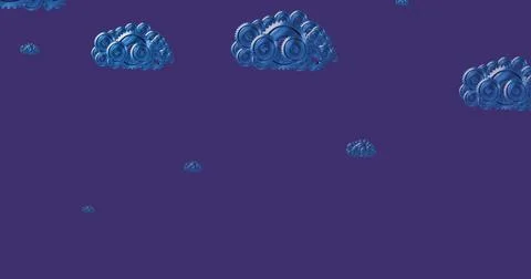 Image of blue clouds formed with cogs moving on purple background Stock Photos