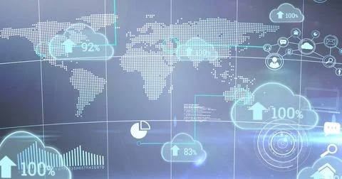 Image of blue clouds with rising numbers and arrows floating oer a world map Illustrazione stock