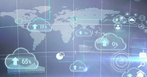 Image of blue clouds with rising numbers and arrows floating oer a world map Illustrazione stock