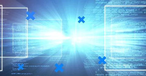 Image of blue crosses over data processing, colourful screen, text wow, and Stock Illustration