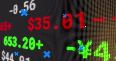 Image of blue crosses over data processing on graphs, and financial interface Stock Illustration
