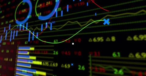Image of blue crosses over data processing on graphs, and financial interface Stock Illustration