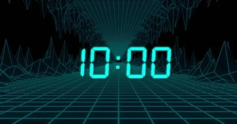 Image of blue digital clock timer changing over metaverse on black background Stock Illustration