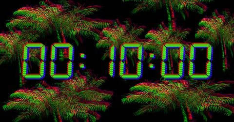 Image of blue digital clock timer changing over palm trees on black background Stock Illustration