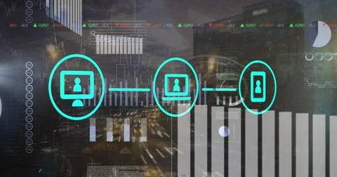 Image of blue diverse graphs over city at bauble over city buildings Ilustração Stock