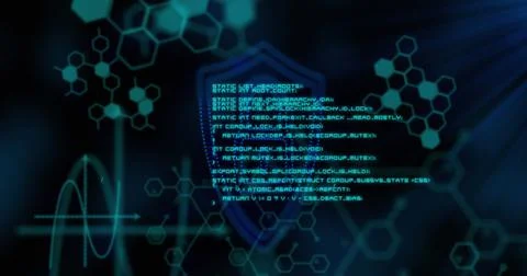 Image of blue dot padlock symbol, with information and data processing on black Stock Illustration