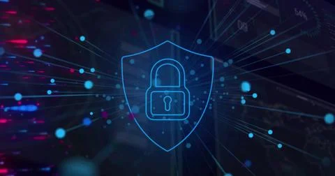 Image of blue dots over digital screen and digital padlock on black background Stockfoto's