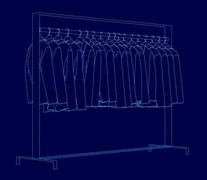 The image is a blue drawing of a clothes rack with many clothes hanging on it. Illustrazione stock