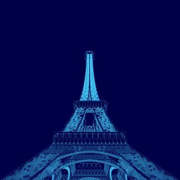 The image is a blue drawing of the Eiffel Tower. The tower is lit up and he is イラスト素材