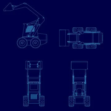The image is a blue drawing of a machine with a shovel on the front. The machine Illustrazione stock
