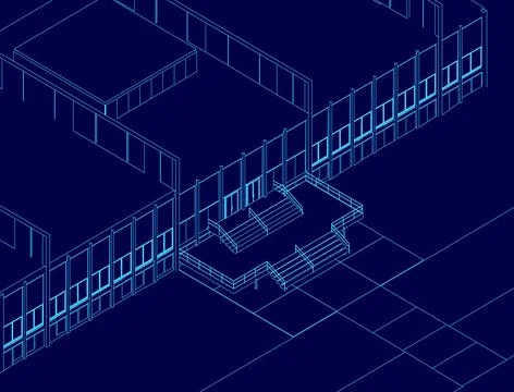 The image is a blue drawing of a school building with a staircase leading up to Ilustración de archivo