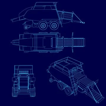 The image is a blue drawing of a tractor with a large open compartment. The Stock Illustration