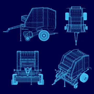 The image is a blue drawing of a tractor. The tractor is shown from different Stock Illustration