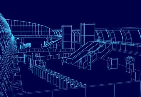 The image is a blue drawing of a train station with people walking around. The Ilustración de archivo