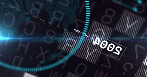 Image of blue globe over data processing on dark background Illustrazione stock
