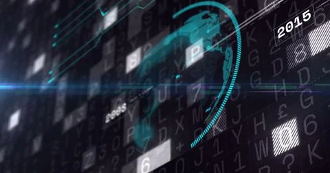 Image of blue globe over data processing on dark background Illustrazione stock