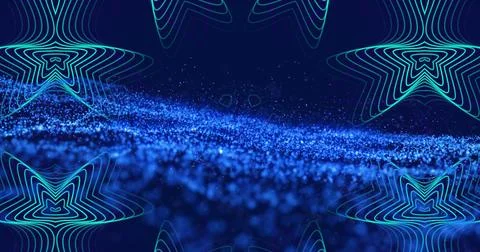 Image of blue glowing dots forming waves and lines creating kaleidoscope Stock Photos