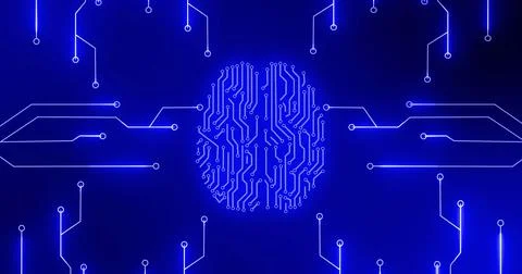 Image of blue glowing human brain with computer mother board circuit over blue 库存插图