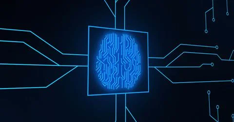Image of blue glowing human brain with computer mother board circuit over black Stock Illustration