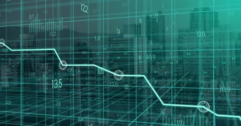 Image of blue graph and data processing on 3d grid over buildings in modern Illustrazione stock