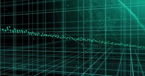 Image of blue graph and processing data over 3d grid on black background Stock Illustration
