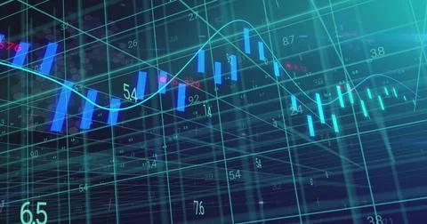 Image of blue graph and processing data over 3d grid on black background 写真素材