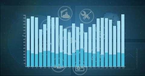 Image of blue graph processing data over business icons and globe on blue Illustrazione stock