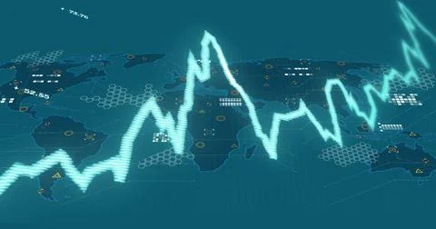 Image of blue graph with upward arrows and data processing over blue world map Stock Illustration