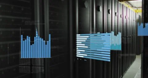 Image of blue graphs over computer server room Stock Photos
