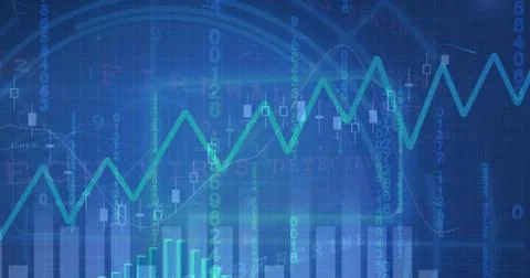 Image of blue graphs over scanner and data processing on blue background Stockillustratie